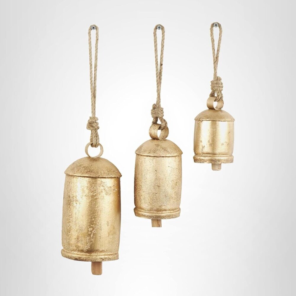 Gold Metal Tibetan Inspired Decorative Giant XL Cow Bells with Jute Hanging Rope